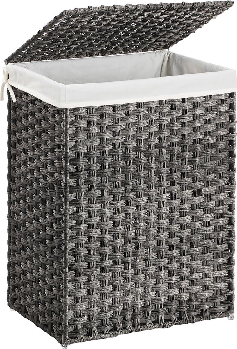 Wasmand – Handgeweven – Met deksel – 90 L – Polyrotan – Grijs — afbeelding 1