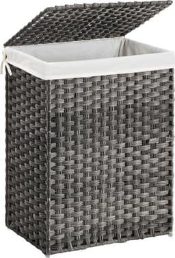 Wasmand – Handgeweven – Met deksel – 90 L – Polyrotan – Grijs — thumbnail 1