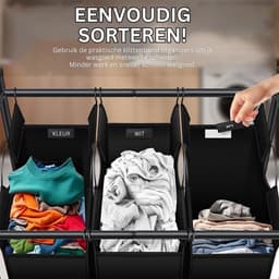 Wasmand 3 Vakken - Wassorteerder - Wasmand met Wielen - Zwart — thumbnail 5