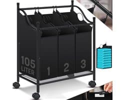 Wasmand 3 Vakken - Wassorteerder - Wasmand met Wielen - Zwart
