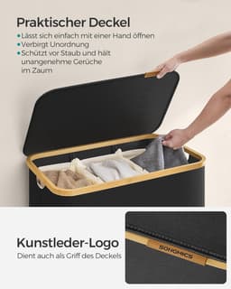 FurnStar - Wasmand met deksel - Wasverzamelaar met 3 vakken - 150 Lt - Uitneembare waszak - Oxford-weefsel - Handgrepen van bamboe - Inklapbaar - 60 x 38,5 x 70,5 cm - inktzwart — thumbnail 5
