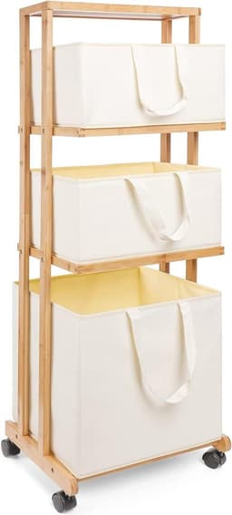 Bamboe Wasmand met Wieltjes - Wasverzamelaar en Badkamerrek - 4 Verdieningen en 3 Opbergmanden - 121x34x42cm - 50kg belastbaar — thumbnail 1