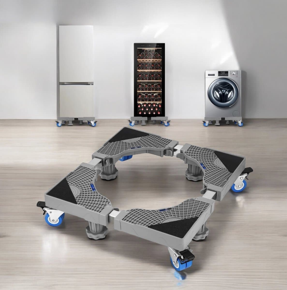 Wasmachine-onderstel met 4 voeten + 4 wielen voor wasmachine, koelkast en droger, verstelbare wasmachinebasis met antislip schokabsorberende functie, (instelbaar: 41-66 cm) — afbeelding 1