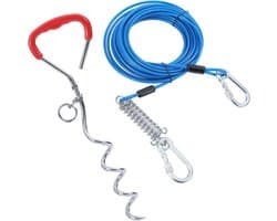 Grondanker hond 10 meter lange hondenriem met schokabsorberende veer - 42 cm spiraalvormige grondpen paal - hondenketting voor tuin buiten camping - blauw + rood Grondanker hond
