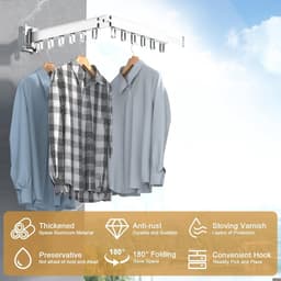 Intrekbaar wandmontage droogrek voor kleding met haken - wit - voor balkon en terras — thumbnail 2