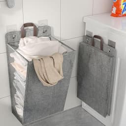 iBright hangende wasmand met Deksel - Inklapbare waszak - 60 Liter - Inclusief Muurbevestiging - Grijs — thumbnail 4