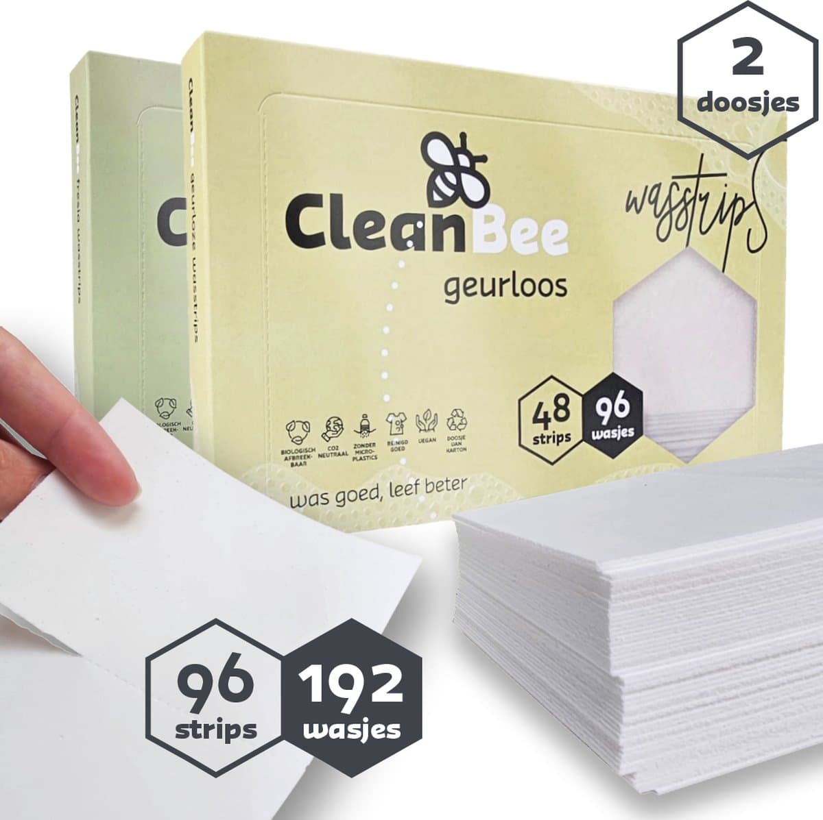 CleanBee® proefpakket 2 x 96 wasbeurten - Geurloos - Fresia - Wasmiddeldoekjes Wasvellen Wasdoekjes Wasmiddel Detergent Sheets Laundry Strips € 0,10 per wasbeurt — afbeelding 1