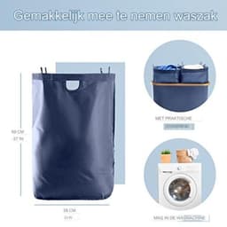 Wasmand 2 vakken wassorteerder - Wasmand 2 vakken met deksel - Wasmand met deksel - Wasverdeler - XXL waszak - 150 l - 57 x 37 x 71 cm - Blauw — thumbnail 2