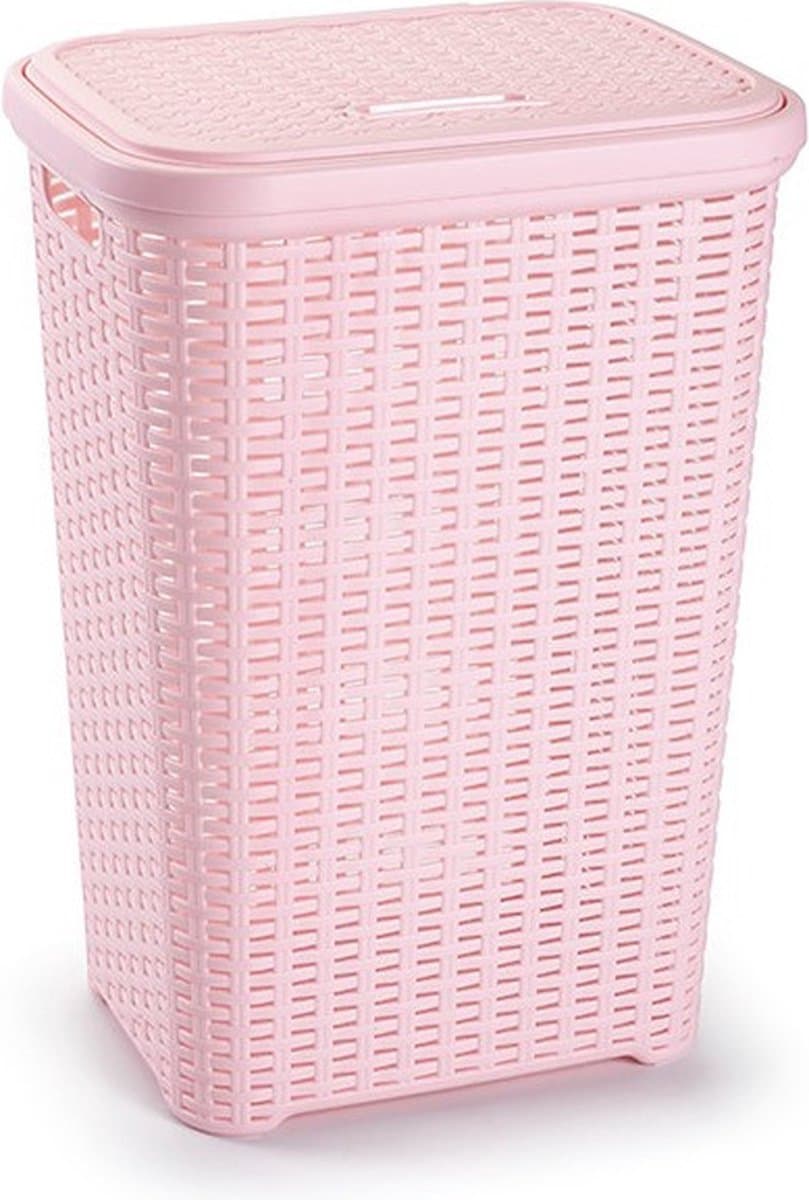 Plasticforte Wasmand met deksel - 60 liter - lichtroze - rotan - kunststof - L35 x B43 x H62 cm — afbeelding 1