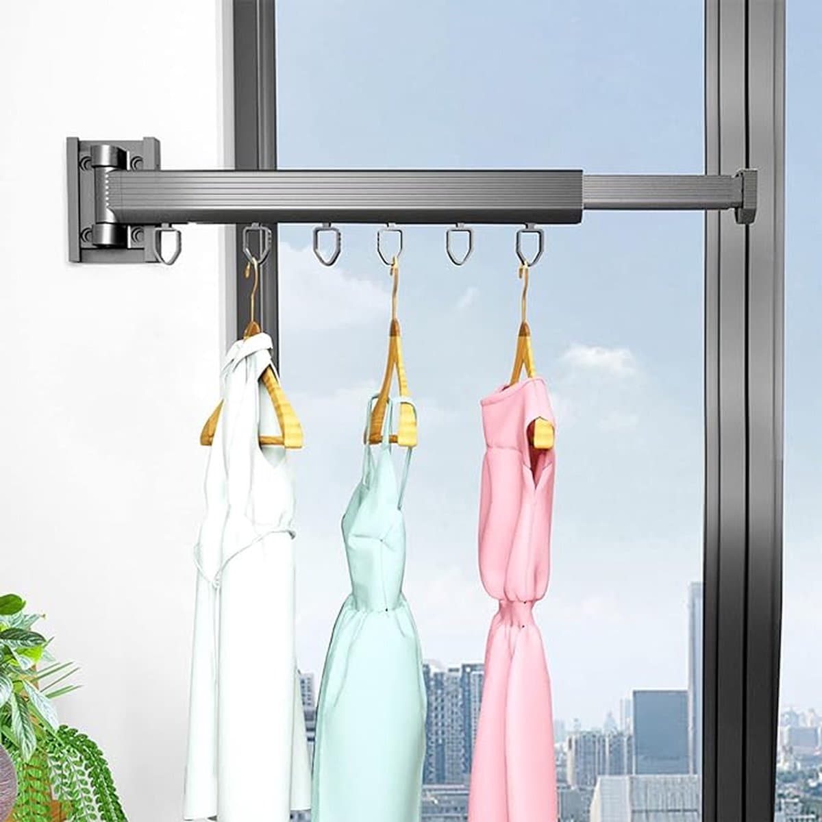 Droogrek wandmontage 30 + 24 cm, intrekbaar draaibaar kledingrek met 6 haken, aluminiumlegering kledingstang voor wandmontage, voor balkon, wasgoed, kledingkast, badkamer (30 + 24 cm) — afbeelding 1