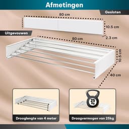 Equivera Wanddroogrek - Wanddroogrek Inklapbaar - Droogrek - Wand Droogrek - Wasrek Hangend - Schuifbaar — thumbnail 2