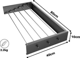 Droogrek voor aan de wand uittrekbaar en kledinghaak 80 cm van hangwasdroger in klein, compact formaat, wasrek voor binnen en buiten, is uittrekbaar en zwart — thumbnail 4