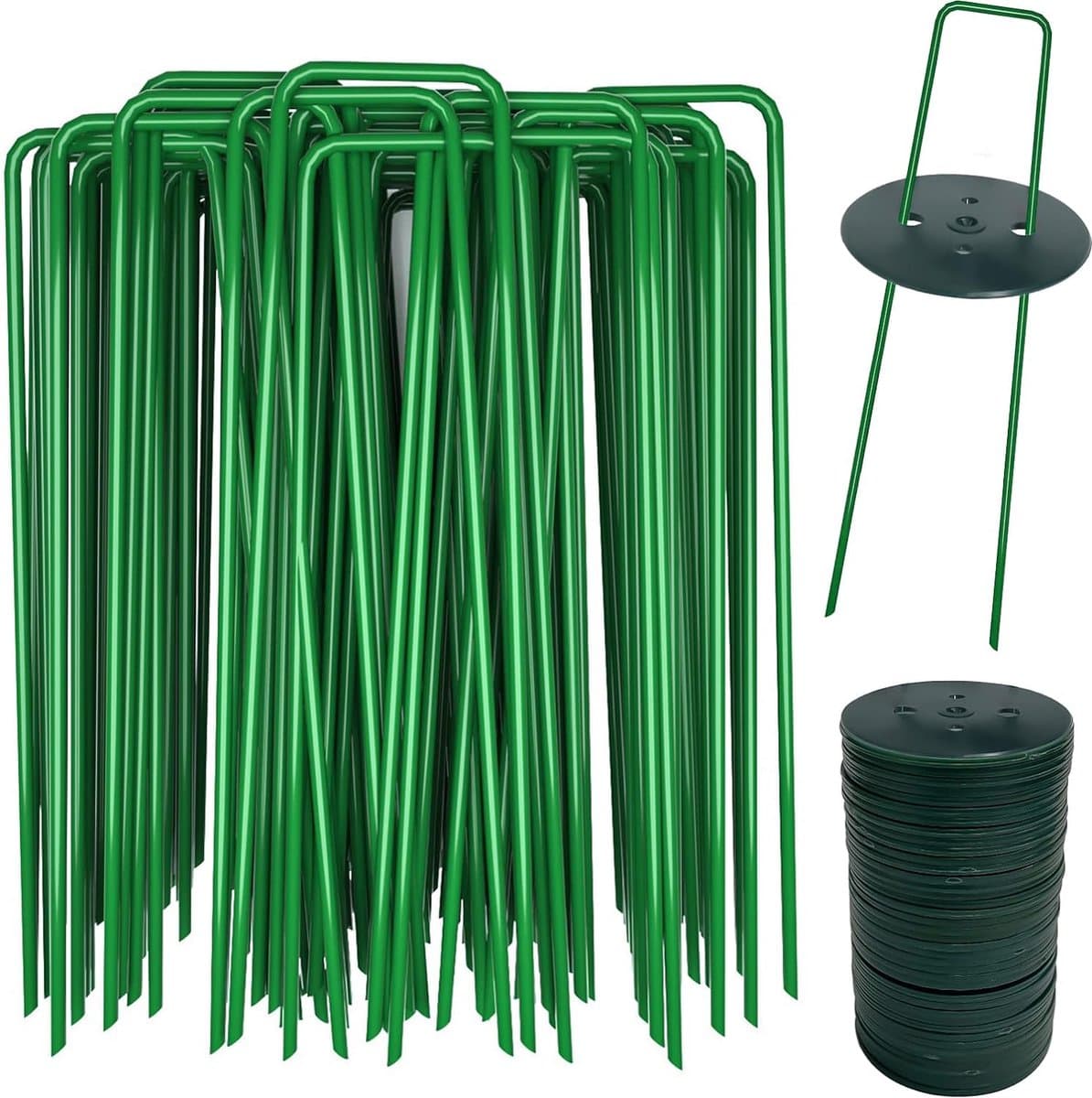 Grondankers grondankers, 40 groene grondankers en 40 bufferschijven, anti-roest, haringen van staal, tuingrondankers voor kunstgras, haringen voor tent, onkruidvlies, tuinvlies, omheining, 150 x 25 mm, 2,8 mm — afbeelding 1