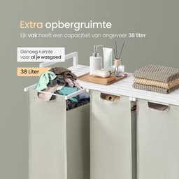 O'DADDY® Wasmand 3 Vakken - Uitschuifbare Wassorteerder met Plank - 114 Liter - 92.5 x 33 x 71 cm - Verstelbare Pootjes - Makkelijk te Monteren - Veelzijdig en Stijlvol Metaal - Wit — thumbnail 4