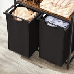 Wasmand, mand met 2 vakken, bak met 2 afneembare zakken van Oxford-stof, metalen frame, 2 x 46 l, 73 x 33 x 72 cm, rustiek bruin en zwart — thumbnail 2
