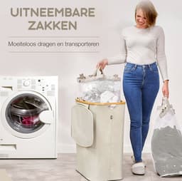 Bellettini® Opvouwbare Wasmand met Deksel - 3 Compartimenten - 600D Oxford Materiaal- Wassorteerder - 148 Liter - Beige — thumbnail 4