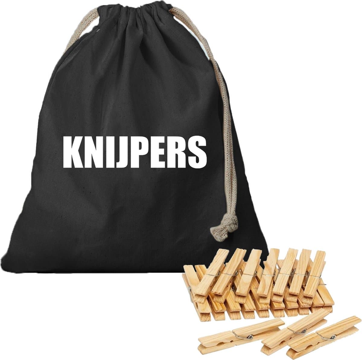 Canvas knijperzak/ opbergzakje knijpers zwart met koord 25 x 30 cm en 120 houten wasknijpers - Knijperzak met knijpers — afbeelding 1