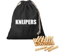 Canvas knijperzak/ opbergzakje knijpers zwart met koord 25 x 30 cm en 120 houten wasknijpers - Knijperzak met knijpers — afbeelding 1