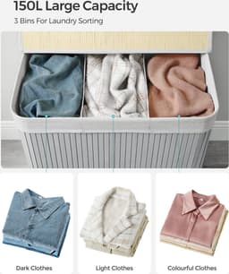 150L wasmand, wasbox met deksel, wassorteerder, van bamboe, met handgrepen, 3 vakken, opvouwbaar, katoen, waszak in de machine wasbaar, wasruimte, grijs LCB091G01 — thumbnail 4