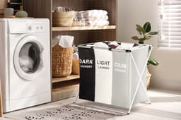 Lowander Wasmand 3 vakken - Wassorteerder 90 liter - Licht | Donker | Gekleurd - Opvouwbare Was Organizer met Aluminium Frame - Stevige Wasmand voor Vuile Was - Grijs — thumbnail 4