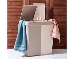 Motek® - Wasmand - 80 L - 2 Vakken met Deksel - Met Touch Deksel - Gemaakt van 100% gerecycled kunststof - 80 L - wasmand met deksel - Wassorteerder - Beige