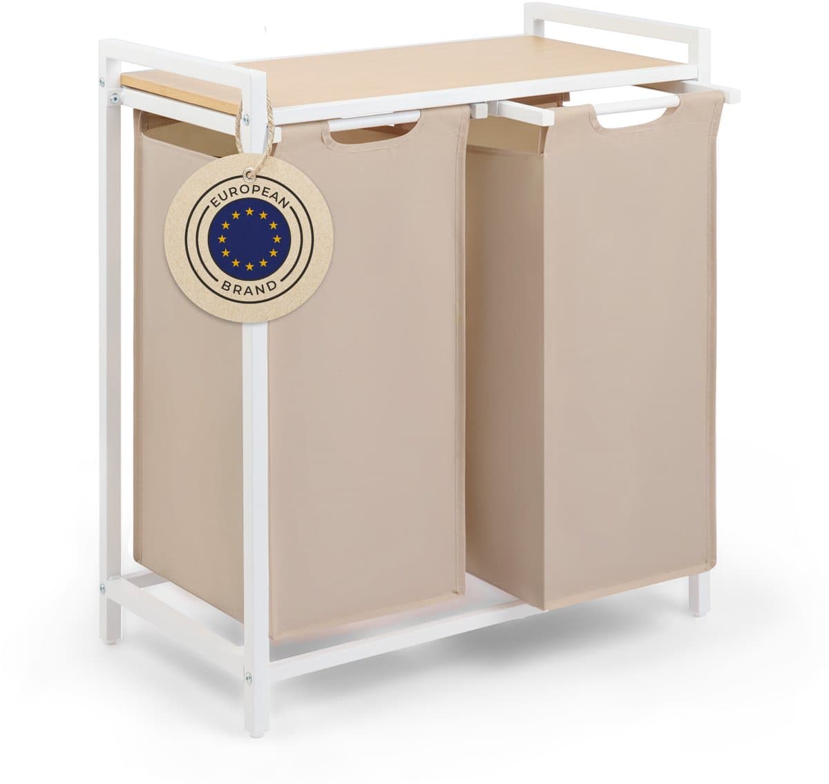 Blumtal Wasmand met 2 vakken - Wasmand met bamboe plank - Metalen frame - Wasmand met poten - Wit en creme — afbeelding 1