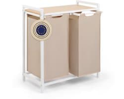 Blumtal Wasmand met 2 vakken - Wasmand met bamboe plank - Metalen frame - Wasmand met poten - Wit en creme — afbeelding 1