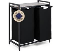 Blumtal Wasmand met 2 vakken - Wasmand met betonlook plank - Metalen frame - Wasmand met poten - Zwart