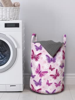 New Bed, Wasmand met Vlinders in Roze en Paars, Opbergmand meisjeskamer decor met Handvatten en Koordsluiting, Speelgoedmand kinderen - Speelgoedkist- Wasbox - 33 x 48 cm — thumbnail 3