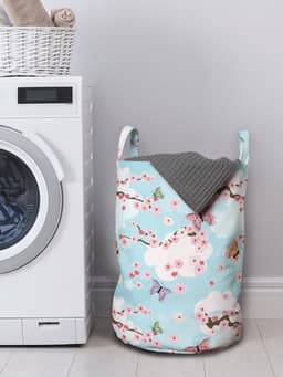 New Bed, Opbergmand met Kersenbloesem en Vlinder design, Sakura Wasmand kinderen met Handvatten en Koordsluiting, Speelgoedmand kinderen - Speelgoedkist - Wasbox - 33 x 48 cm — thumbnail 3