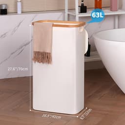 Smal Beige Wasmand met Deksel - 63 Liter - Opvouwbaar - Bamboegrepen — thumbnail 3