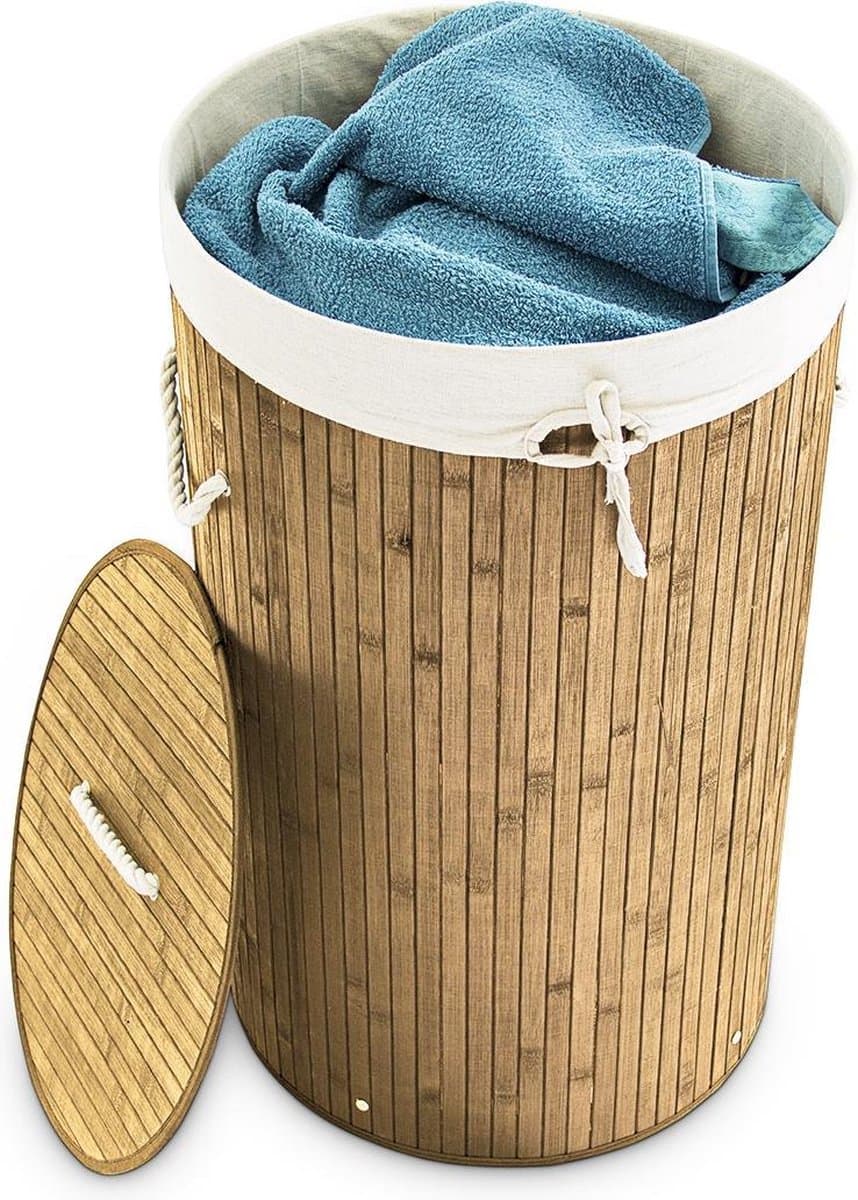 wasmand bamboe - 70 l - opvouwbaar - met deksel en katoenen waszak - Ø 41 cm - natuur — afbeelding 1