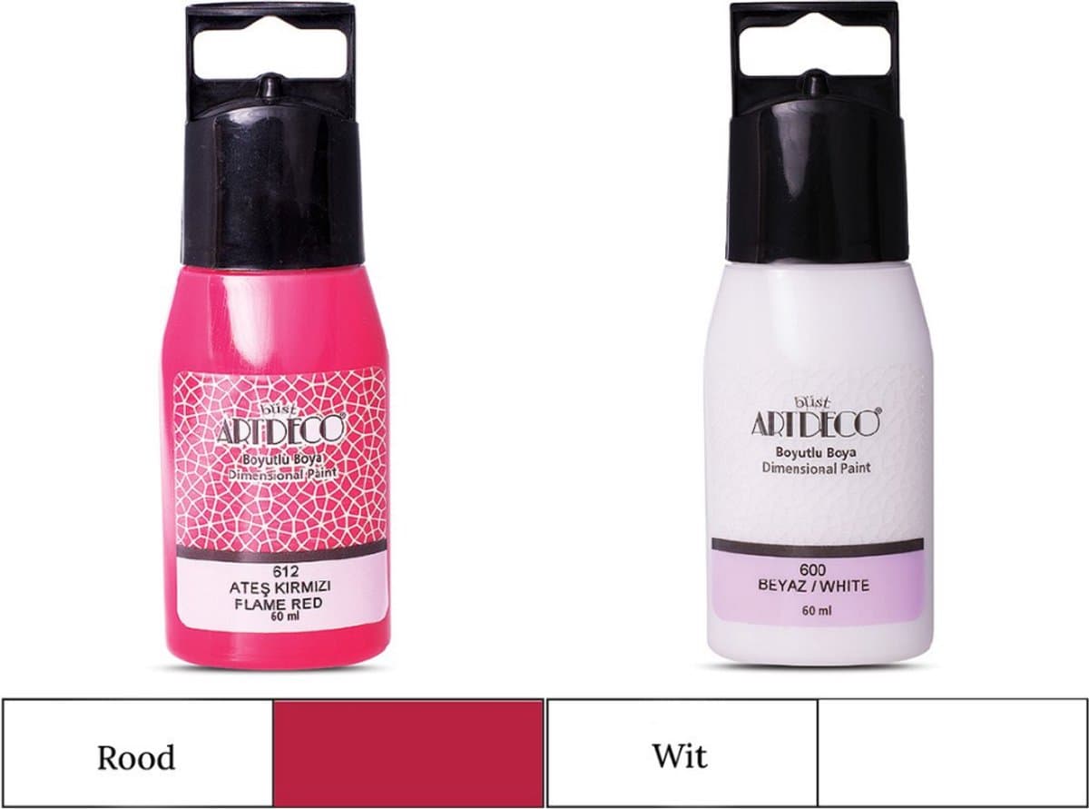 Artdeco 3D Dimensionale Verf Set – 2x50 ml – Wit & Rood – Geschikt voor Stof, Glas, Keramiek, Karton, Metaal, Papier & Steen – 3D Liner Textuur- en Reliëfschilderen Dimensional Paint — afbeelding 1