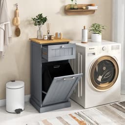 COSTWAY Waskast met wasmand, wasverzamelaar met lade, tafelblad van bamboe, badkamerkast, badkamerkast voor badkamer, bijkeuken, 40 x 37 x 82 cm (grijs) — thumbnail 3