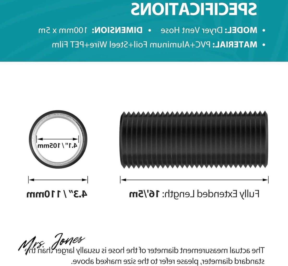 Mrs. Jones Power Afvoerslang Ø 100 mm lengte 5 m flexibele pvc-aluminium buis ventilatieslang geluidsgeïsoleerde warmte-isolatie aluminium flexibele slang afvoerbuis voor afvoerluchtventiel UV-bestendig HVAC-systeem . — afbeelding 1