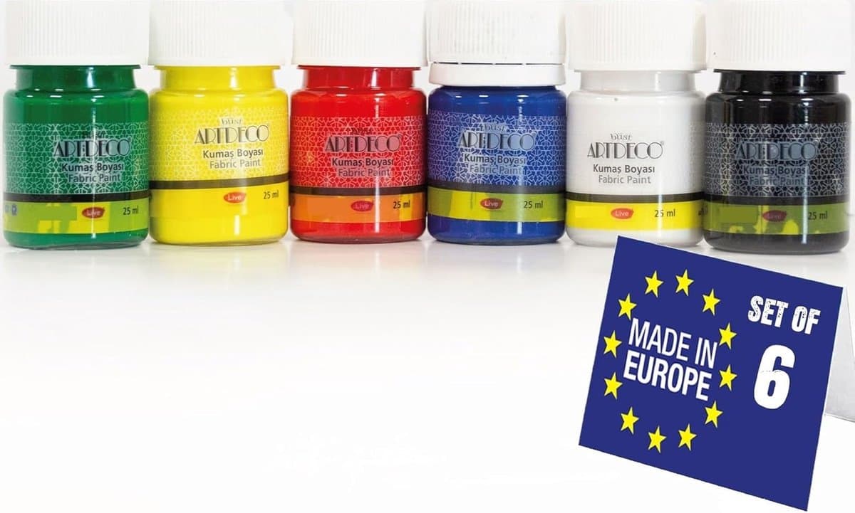 Artdeco Textielverf Set – 6 Kleuren x 25ml – Hoogwaardige Acrylverf voor Stoffen – Wasbare textielverf, Scholen en DIY Projecten — afbeelding 1