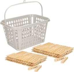 Wasknijpersmandje met ophanghaak - lichtgrijs - met 120x bamboo wasknijpers 7 cm - was ophangen — thumbnail 1