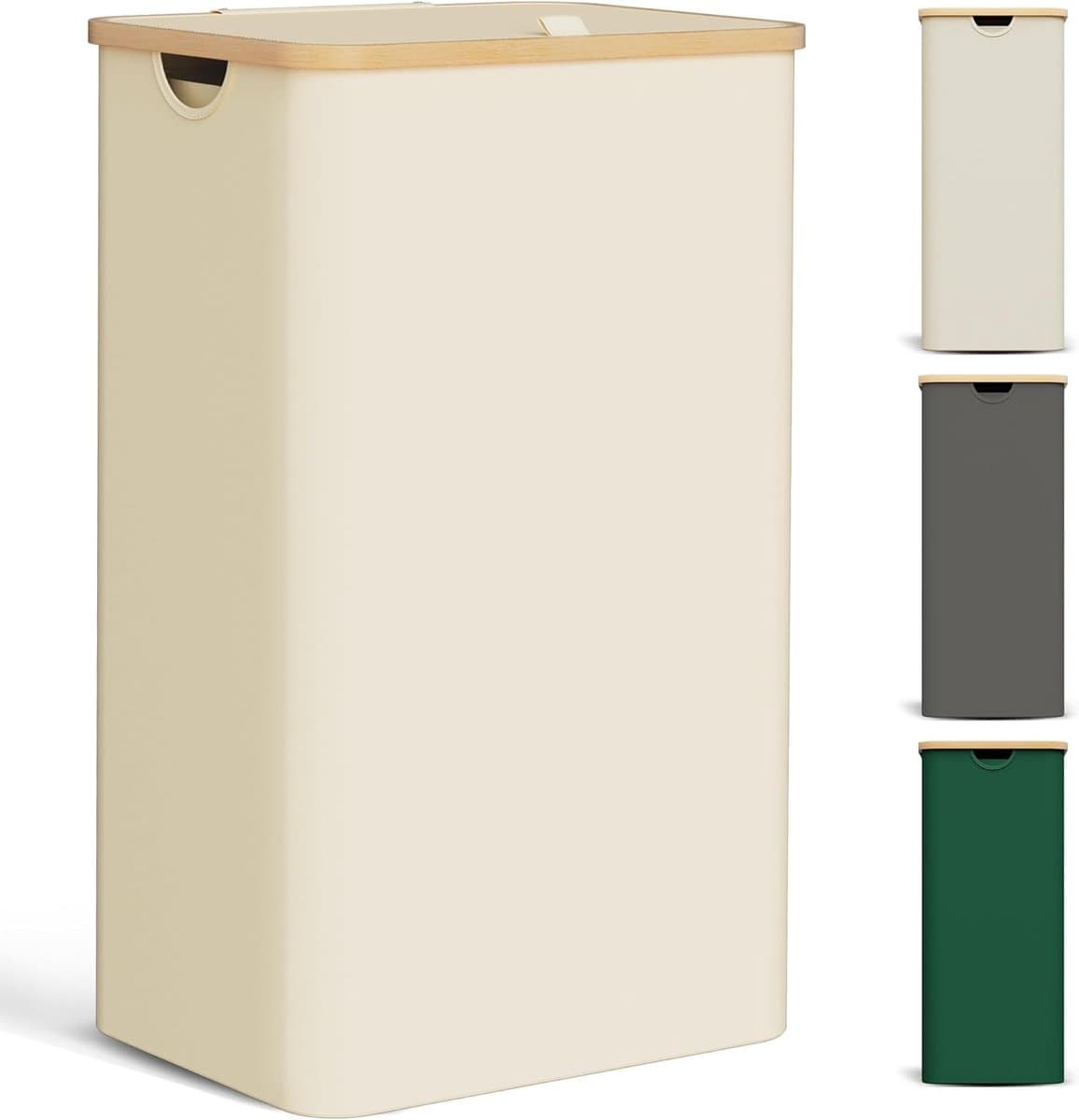 Candala Wasmand met deksel, 85 liter, wasverzamelaar, smal, met waszak, grote opvouwbare wasmand, hout, bamboe, wasmand, hoge wasmand, beige — afbeelding 1