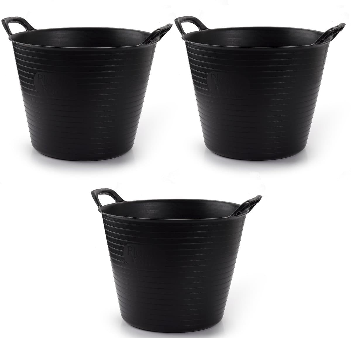 Plasticforte flexibele emmer/kuip - 3x - zwart - kunststof - rond - 25 liter - 42 x 38 x 33 cm - wasmanden - tuinafval - speelgoed — afbeelding 1