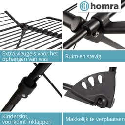 Homra Wasrek Inklapbaar - Tot 22m Was - Staand Droogrek Inklapbaar - Ruimtebesparend Wasrek - Droogrekken - Ecologisch Was Drogen - 182x97x103 CM - Metaal Zwart - Geschikt voor Grote Gezinnen — thumbnail 2