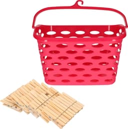 Wasknijpersmandje met haak - fuchsia roze - en 100x houten wasknijpers 7 cm - was ophangen — thumbnail 1