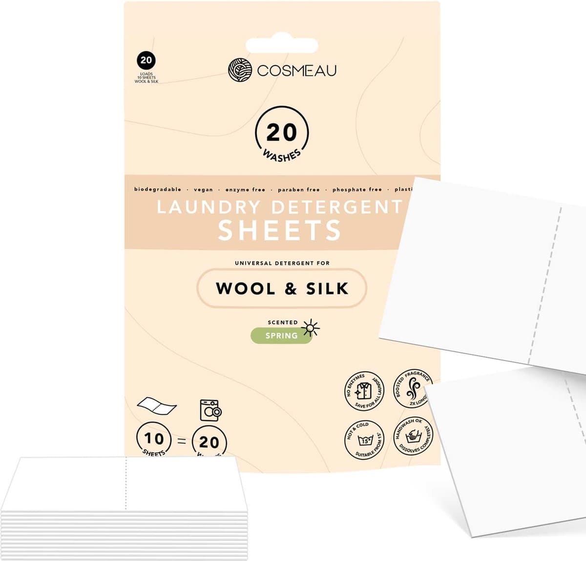 Cosmeau Wasmiddel Wasstrips 20 Wasbeurten Wol en Zijde Delicaat Wasvellen - Wasmiddeldoekjes - Detergent Sheets - Wasdoekjes - Fris - Biologisch Afbreekbaar — afbeelding 1