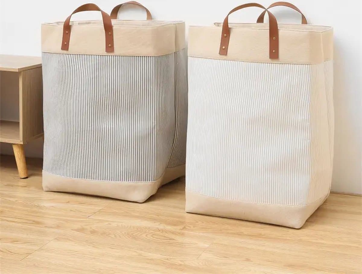 Black Friday 2024 Deals - Opvouwbare wasmand van jute stof met lederen handvat, opbergmand, Laundry basket - Wasbox — afbeelding 1