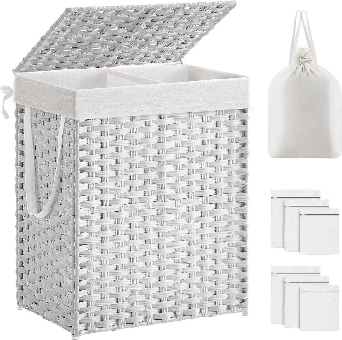 Wasmand met deksel, wasverzamelaar, 90 liter, 2 vakken, uitneembare waszak met handgrepen, handgevlochten, voor slaapkamer, badkamer, 33 x 46 x 60 cm, wit, LCB251W01V1 — afbeelding 1