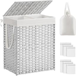Wasmand met deksel, wasverzamelaar, 90 liter, 2 vakken, uitneembare waszak met handgrepen, handgevlochten, voor slaapkamer, badkamer, 33 x 46 x 60 cm, wit, LCB251W01V1 — thumbnail 1