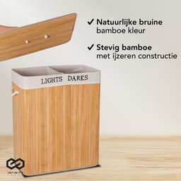 Infinity Goods Wasmand met Deksel XL - Bamboe - 2 Vakken - Wassorteerder - 2 Wasbare Katoenen Waszakken - Handvatten - 100 Liter - Natuurlijk Bruin — thumbnail 4