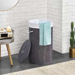 Bamboe Wasmand Curly - 55 Liter - Grijs - Incl. Waszak & Deksel — thumbnail 3
