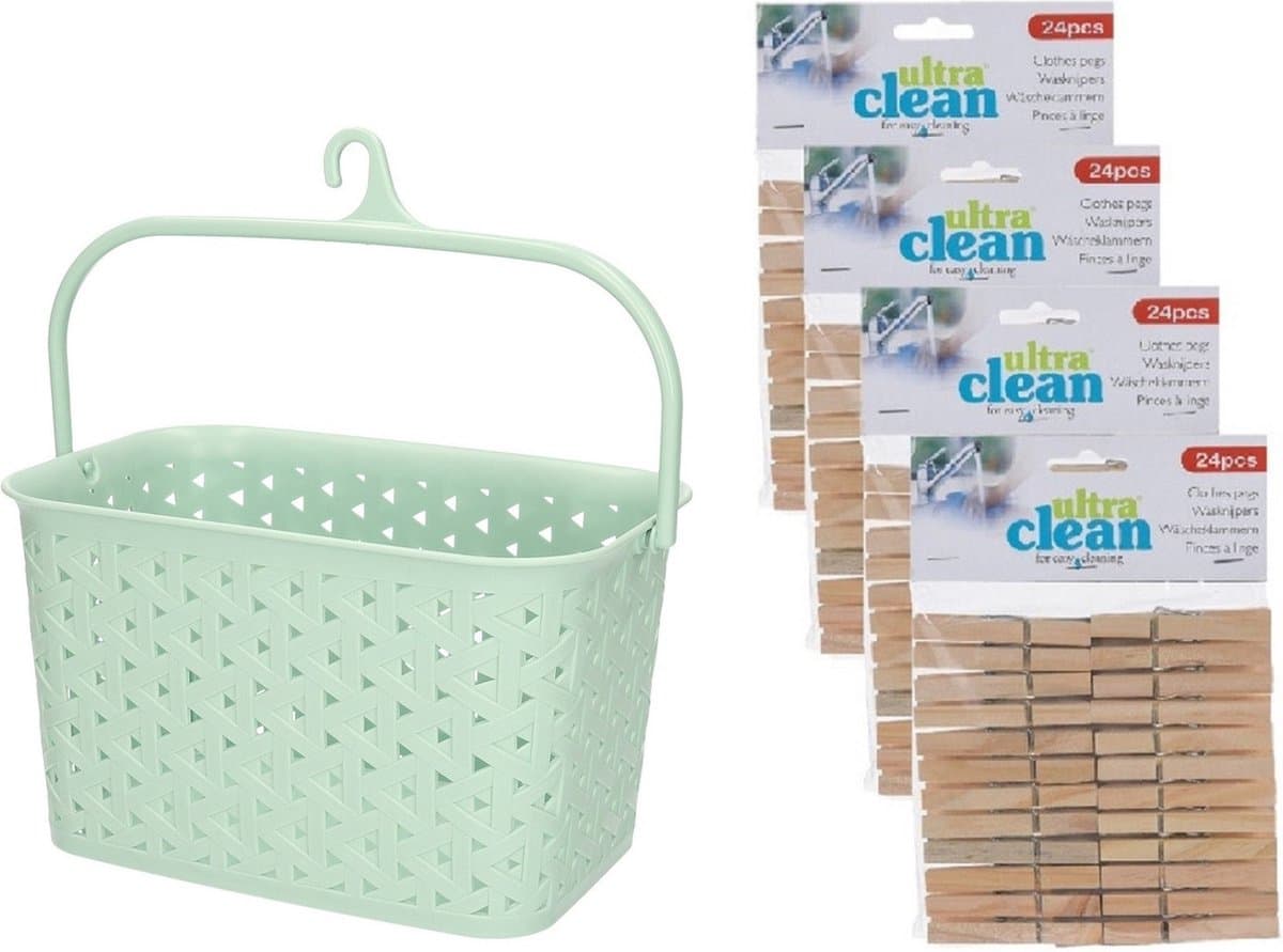 Wasknijpersmandje met ophanghaak - mintgroen - en 96x houten wasknijpers 7 cm - was ophangen — afbeelding 1