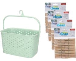 Wasknijpersmandje met ophanghaak - mintgroen - en 96x houten wasknijpers 7 cm - was ophangen — afbeelding 1