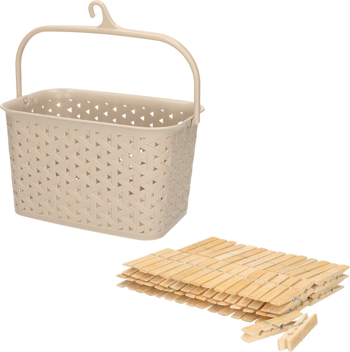 Wasknijpersmandje met ophanghaak - beige - en 60x houten wasknijpers 7 cm - was ophangen — afbeelding 1
